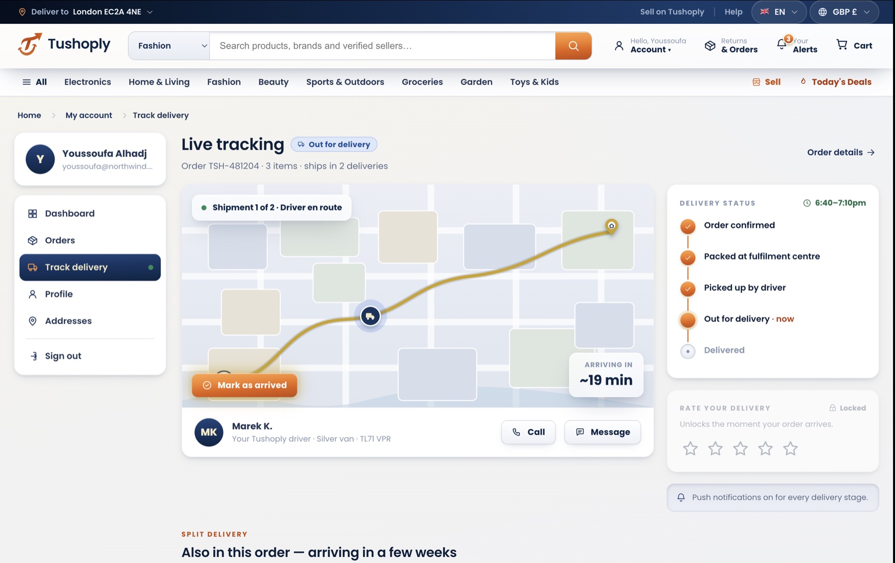 Tushoply — live order tracking